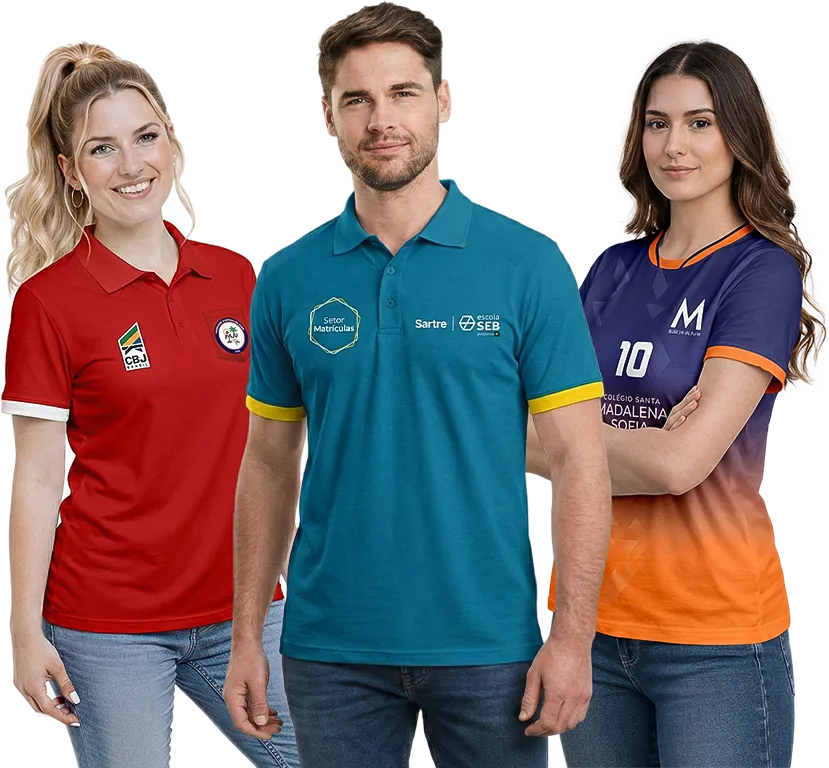 Três pessoas com fardamentos corporativos personalizados